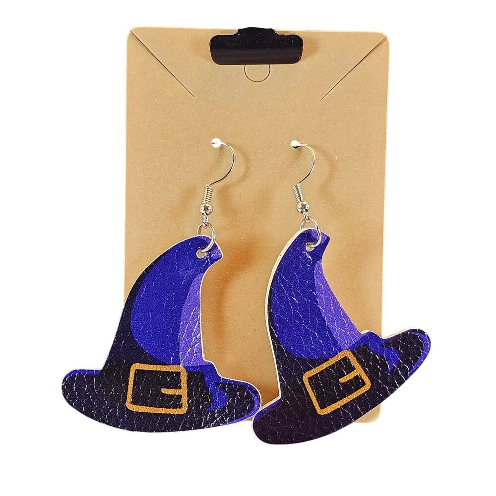Halloween Witch Hat Earrings Purple Black Faux Leather Dangle Costume Jewelry
